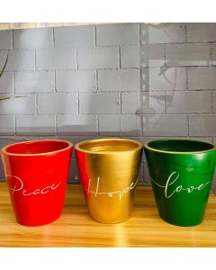 Christmas Series Red, Gold & Green Set Cylindrical Clay Pots 9" x 7"